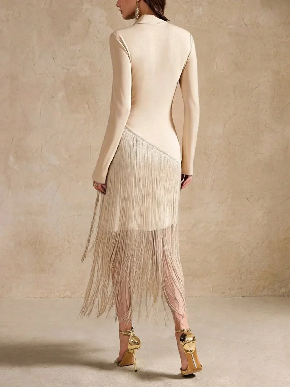 Champagne Elegant Women's Tassel Turtleneck Long Sleeve Dress, - Picture 5 of 5